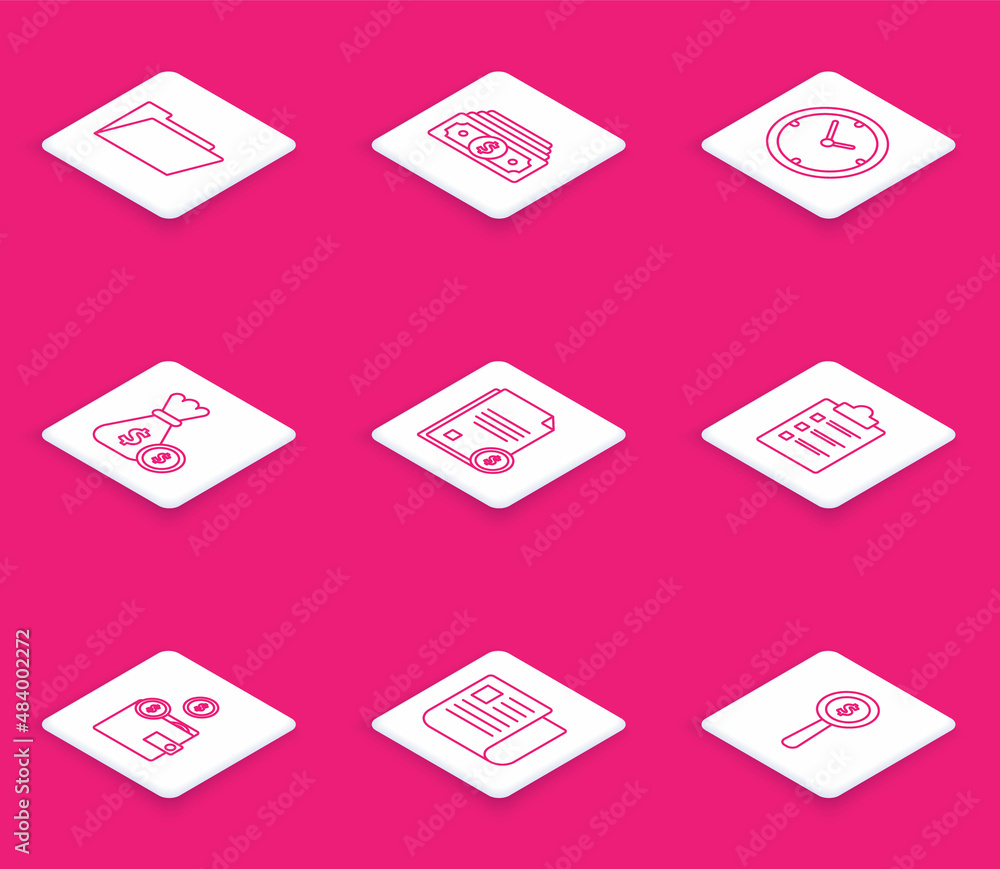 Set line Document folder, Stacks paper money cash, Clock, Money bag and coin, Finance document, Clipboard with checklist, Wallet coins and File icon. Vector Set line Document folder, Stacks paper money cash, Clock, Money bag and coin, Finance document, Clipboard with checklist, Wallet coins and File icon. Vector