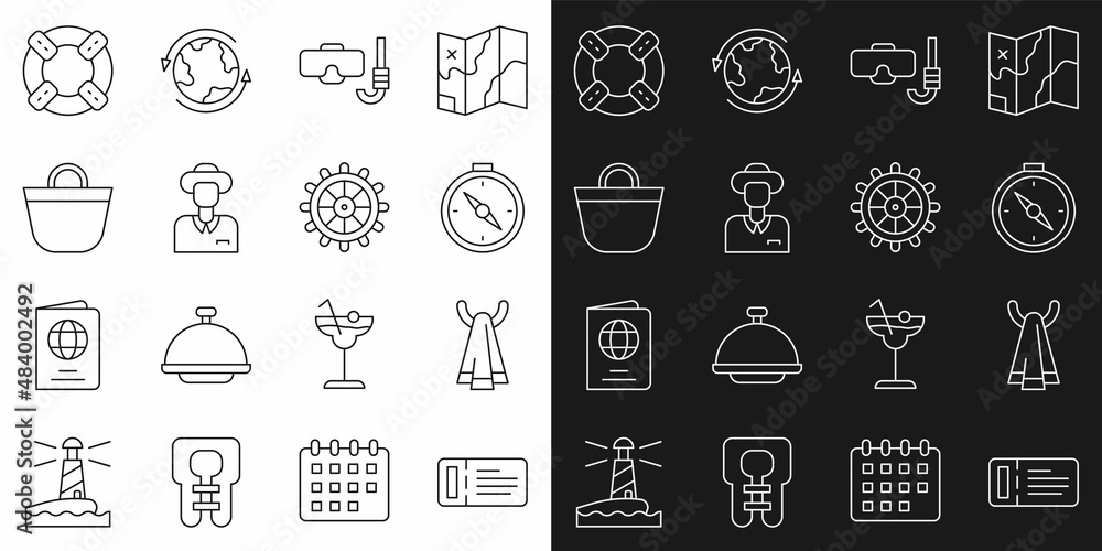 Set line Cruise ticket, Towel on a hanger, Compass, Diving mask and snorkel, Tourist, Beach bag, Lifebuoy and Ship steering wheel icon. Vector