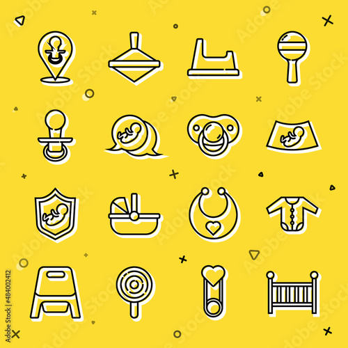 Set line Baby crib cradle, clothes, Ultrasound of baby, potty, dummy pacifier, and icon. Vector