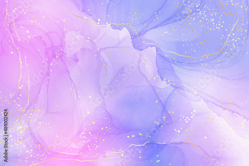 Cyan blue and lavender liquid marble background with gold stripes and glitter dust. Pastel pink violet watercolor drawing effect. Vector illustration backdrop for wedding invitation, rsvp, menu