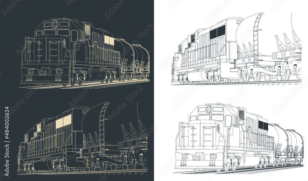 Obraz premium Locomotive with tank wagons sketches
