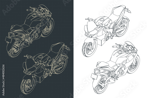 Sports motorcycle isometric blueprints