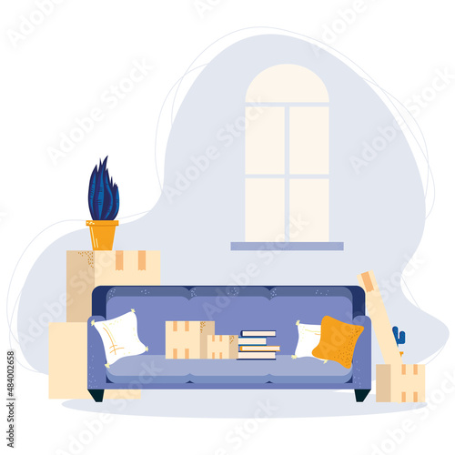 Packing of all things and removal of furniture to a new place of residence. In anticipation of the transfer service. Boxes, vases, books, furniture, pillows. Isolated flat vector illustration