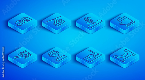 Set line Ice resurfacer, Cable car, Road traffic signpost, Award cup, Shovel in snowdrift, Christmas mitten, Rescue helicopter and Skate park icon. Vector