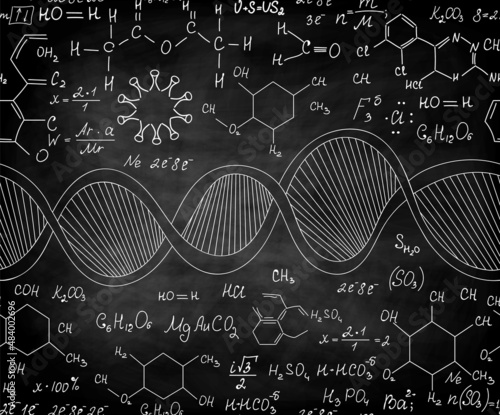 Chemistry vector seamless pattern with plots, formulas and dna strand handwritten with chalk on blackboard	
