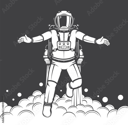 Spaceman with jetpack vintage print. Astronaut flying in spacesuit - black and white retro poster. Vintage spaceman. Vector illustration