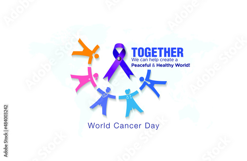 Health care center or World cancer day creative template with ribbon doctors and helpers