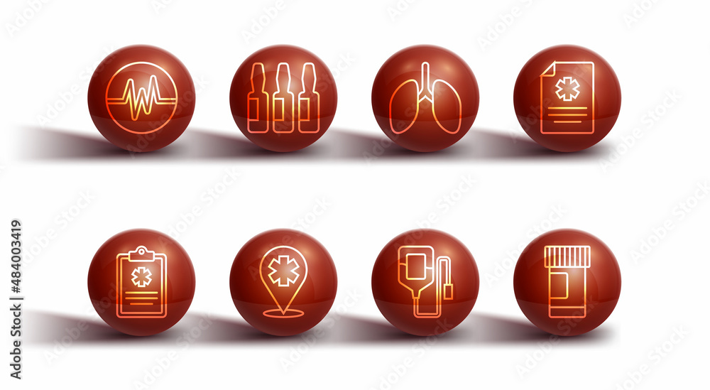 Set line Heart rate, Clinical record, IV bag, Location with cross hospital, Medical vial, ampoule, Medicine bottle and pills and Lungs icon. Vector Set line Heart rate, Clinical record, IV bag, Location with cross hospital, Medical vial, ampoule, Medicine bottle and pills and Lungs icon. Vector