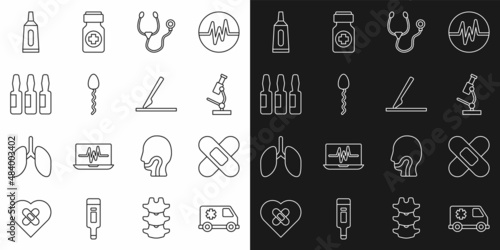 Set line Emergency car, Crossed bandage plaster, Microscope, Stethoscope, Sperm, Medical vial, ampoule, Ointment cream tube medicine and surgery scalpel icon. Vector
