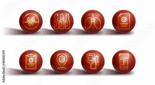 Set line Heart rate, Clinical record, IV bag, Location with cross hospital, Medical vial, ampoule, Medicine bottle and pills and Lungs icon. Vector