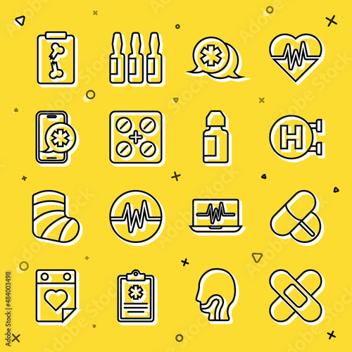 Set line Crossed bandage plaster, Medicine pill or tablet, Hospital signboard, Dialogue with the doctor, Pills blister pack, Emergency phone call, X-ray shots and Eye drop bottle icon. Vector