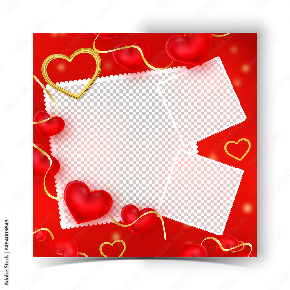 Valentine's day background with red heart photo frame with transparent background