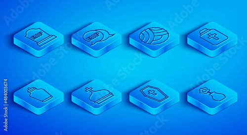 Set line Tombstone with RIP written, Speech bubble rip death, Memorial wreath, Church tower, Coffin cross, Funeral urn, and Flower vase icon. Vector