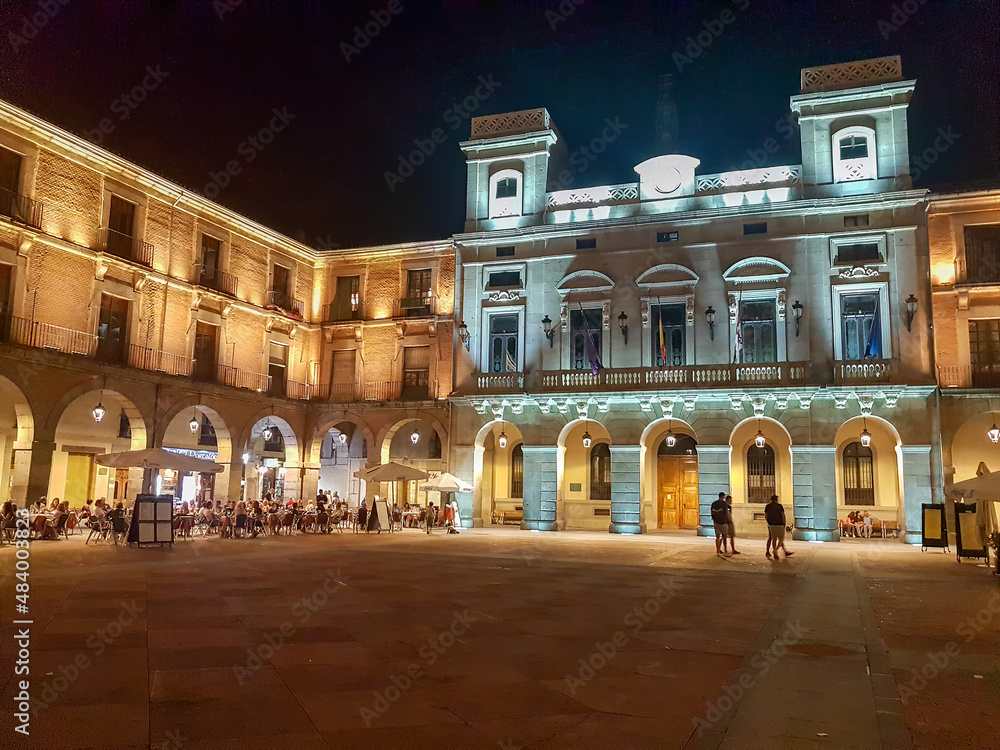 Avila, Spain; 08/21/2018: night image of the town hall square of Avila