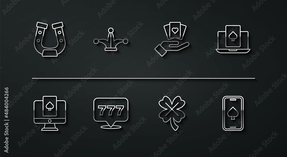 Set line Horseshoe, Online poker table game, Casino slot machine with clover, Slot jackpot, Joker playing card, and Hand holding cards icon. Vector Set line Horseshoe, Online poker table game, Casino slot machine with clover, Slot jackpot, Joker playing card, and Hand holding cards icon. Vector