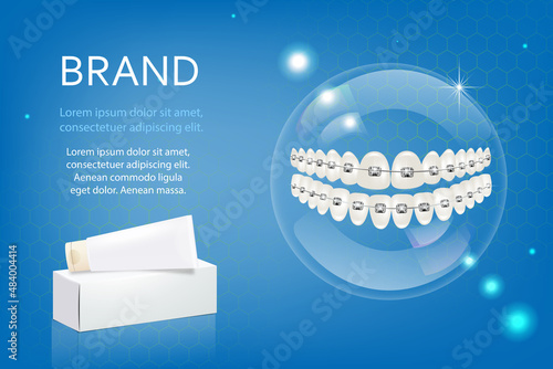 WebVector, 3D advertising of whitening toothpaste. A graphic concept for your design. Layout template, tube with packaging.