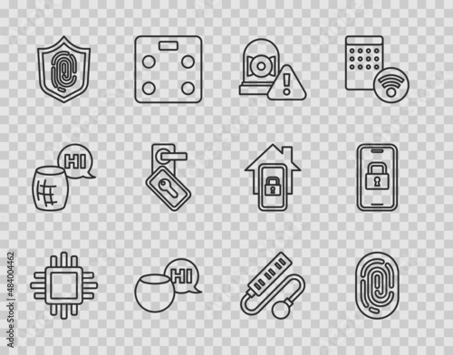 Set line Processor with CPU, Fingerprint, Ringing alarm bell, Voice assistant, Digital door lock, Electric extension cord and icon. Vector