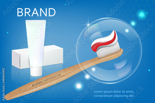 Vector, 3D advertising of whitening toothpaste. A graphic concept for your design. Layout template, tube with packaging.