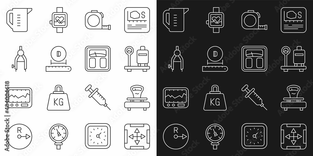 Set line Area measurement, Scales, with suitcase, Roulette construction, Diameter, Drawing compass, Measuring cup and Bathroom scales icon. Vector