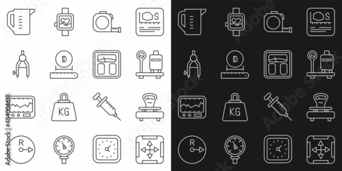 Set line Area measurement, Scales, with suitcase, Roulette construction, Diameter, Drawing compass, Measuring cup and Bathroom scales icon. Vector