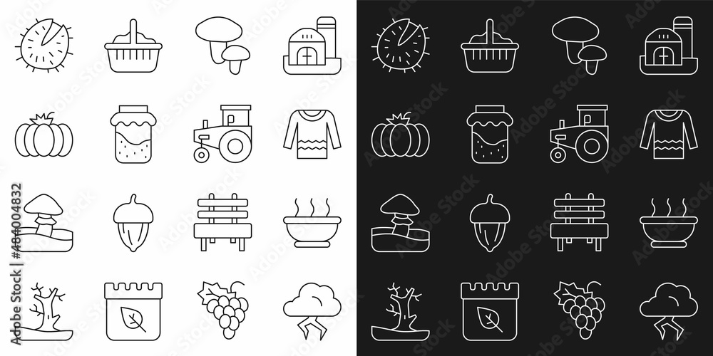 Set line Storm, Bowl of hot soup, Sweater, Mushroom, Jam jar, Pumpkin, Chestnut and Tractor icon. Vector Set line Storm, Bowl of hot soup, Sweater, Mushroom, Jam jar, Pumpkin, Chestnut and Tractor icon. Vector