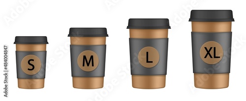 Vector set of different take away hot and cold beverage sizes. Paper cup size chart: small, medium, large, extra large. Coffee to go. Take away. Bar menu