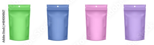 Set of 4 realistic Zip Package. Flexible doy pack. Green, purple, pink and blue foil bags. Plastic sachet pouch for coffee, candy, shack or nuts. Zipper food bag. Doypack