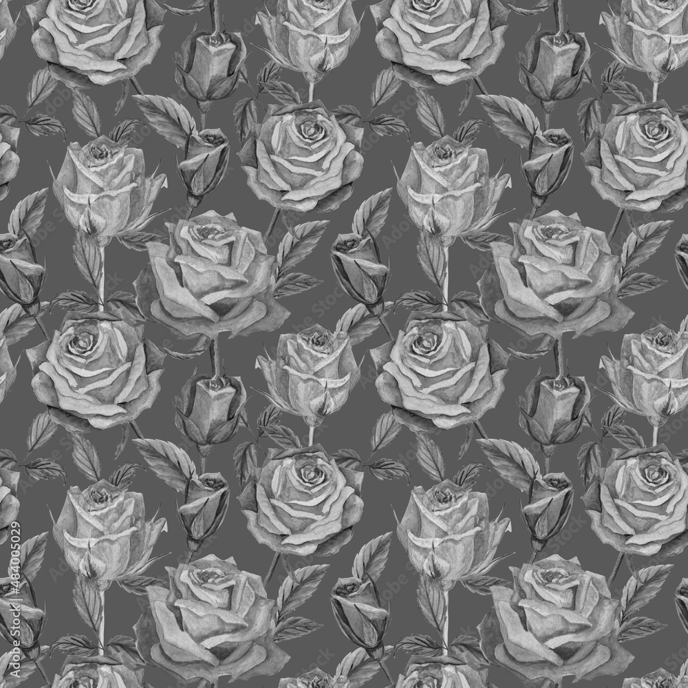 Botanical seamless pattern of leaves, branches, flowers and buds. Tropical roses elements isolated on black background. Herbs are painted with watercolors. Black and white moochromatic design.