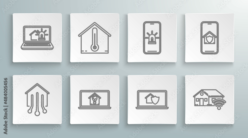 Set line Smart home, House temperature, Laptop with smart house and light bulb, under protection, wi-fi, Mobile phone alarm, and icon. Vector Set line Smart home, House temperature, Laptop with smart house and light bulb, under protection, wi-fi, Mobile phone alarm, and icon. Vector
