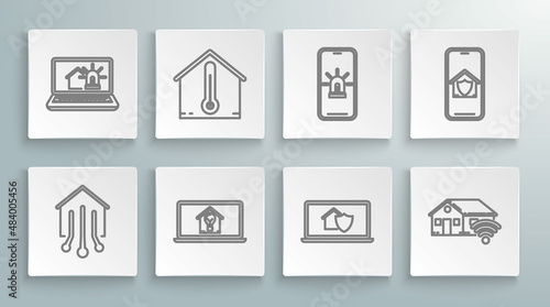 Set line Smart home, House temperature, Laptop with smart house and light bulb, under protection, wi-fi, Mobile phone alarm, and icon. Vector