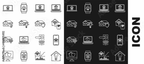 Set line Smart house and light bulb, Mobile phone with smart home with wi-fi, Laptop, House temperature, and under protection icon. Vector