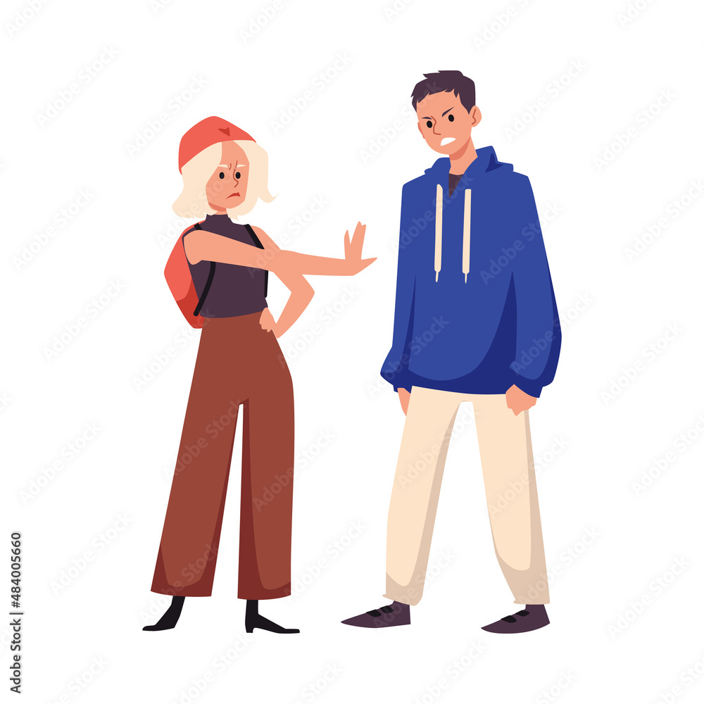 Two friends or couple fighting in anger, flat vector illustration isolated on white background. Two friends or couple fighting in anger, flat vector illustration isolated on white background.