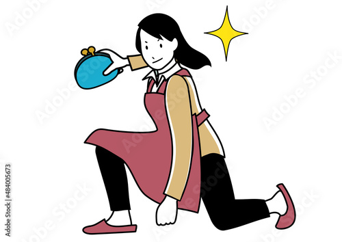 イラスト素材：お財布を片手にキメポーズをするエプロンの女性