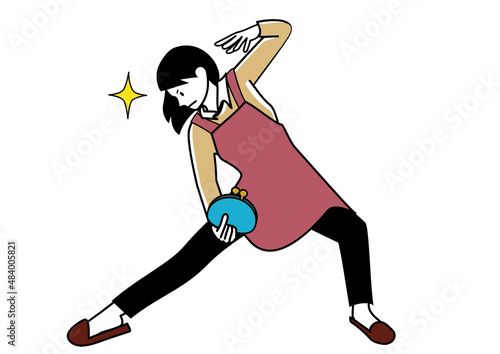 イラスト素材：お財布を片手にキメポーズをするエプロンの女性