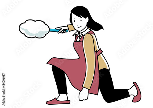 イラスト素材：はたきを片手にキメポーズをするエプロンの女性