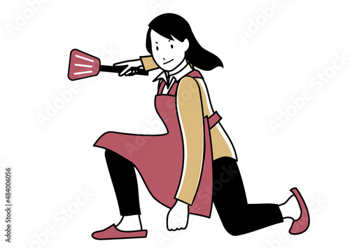 イラスト素材：フライパン返しを片手にキメポーズをするエプロンの女性