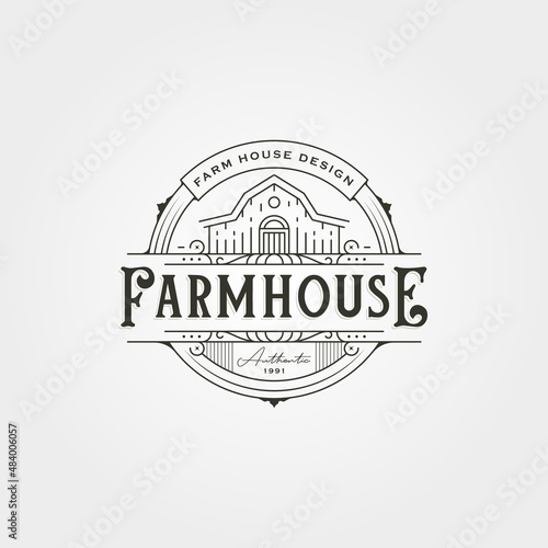 Stampa su tela vintage barn emblem logo design, line art farmhouse vector illustration design
