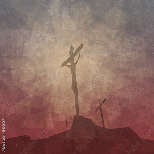 Fototapeta Silhouette of Jesus Christ being crucified on the cross at Calvary, or Golgotha