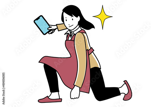 イラスト素材：スマホを片手にキメポーズをするエプロンの女性