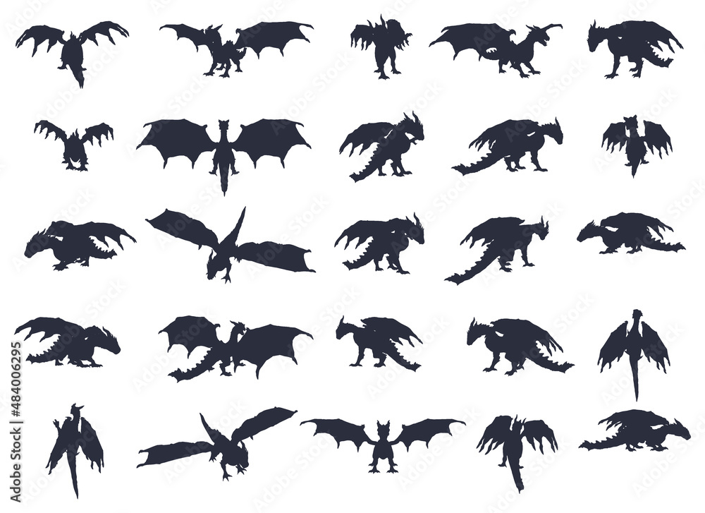 Naklejka premium 25 poses of dragon silhouette vector edition 1