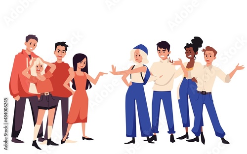 Angry people from different groups arguing and discuss conflict, flat vector illustration isolated on white background.