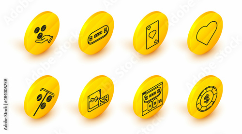 Set line Casino chip with dollar symbol, Online poker table game, Game dice and glass of whiskey ice cubes, Stick for chips, Playing card heart, Poker and Hand holding casino icon. Vector
