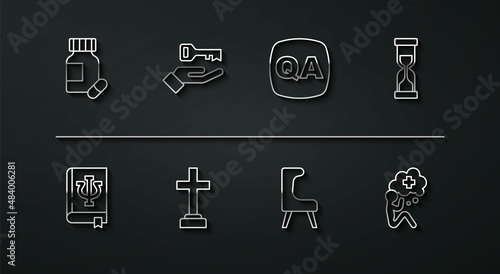 Set line Sedative pills, Psychology book, Psi, Old hourglass, Armchair, Graves funeral sorrow, Solution to the problem, Helping hand and Question Answer icon. Vector