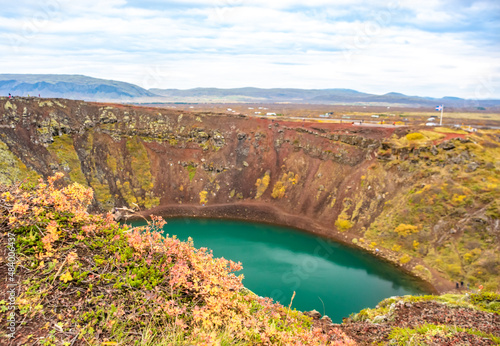 Volcanic crater Kerid with blue lake inside, Iceland tourist attraction