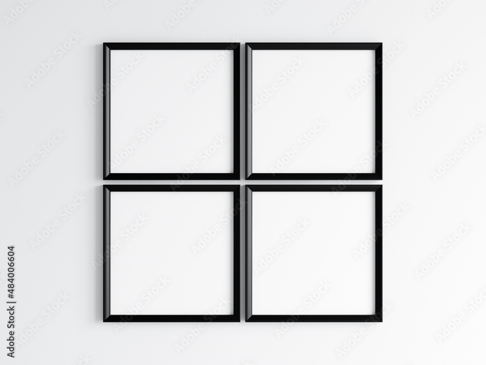 Four square black frames on the wall, poster mockup, print mockup, 3d render Four square black frames on the wall, poster mockup, print mockup, 3d render