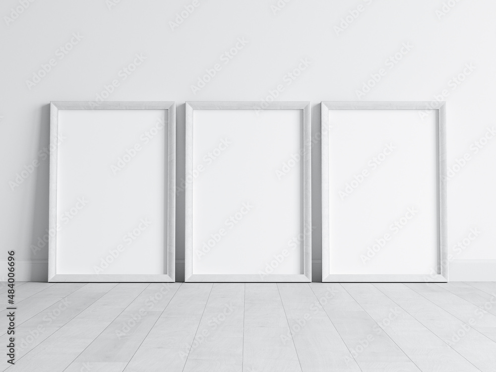 Three white frames mockup, poster mockup, print mockup, 3d render Three white frames mockup, poster mockup, print mockup, 3d render