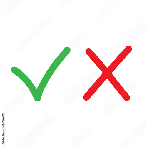 Green check mark and red cross symbol with straight lines. Isolated illustration.