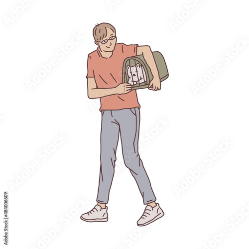 Man carries cat pet in a carrier. Doodle contour line illustration.