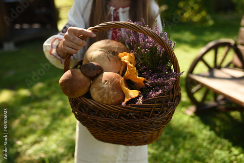 mushrooms in a basket. girl holding a basket with mushrooms. Forest mushrooms in a basket
