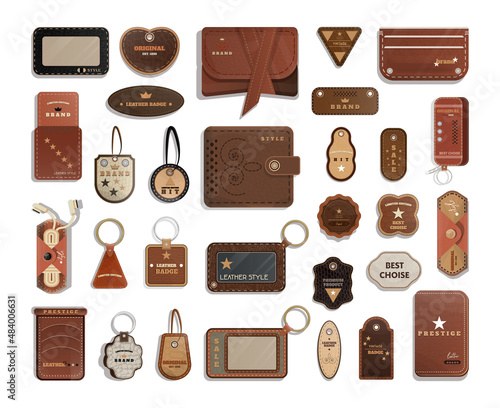 A collection of leather badges and accessories in a realistic detailed style. Branded leather goods.